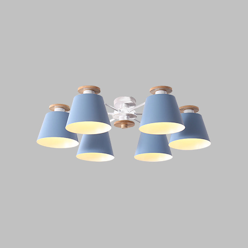 Modern Nordic 6 Heads Flushmount with Metal Shade Yellow/Blue Barrel Semi Flush Ceiling Lamp