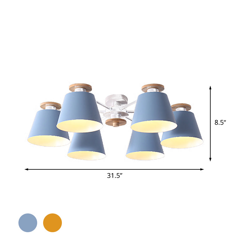 Modern Nordic 6 Heads Flushmount with Metal Shade Yellow/Blue Barrel Semi Flush Ceiling Lamp