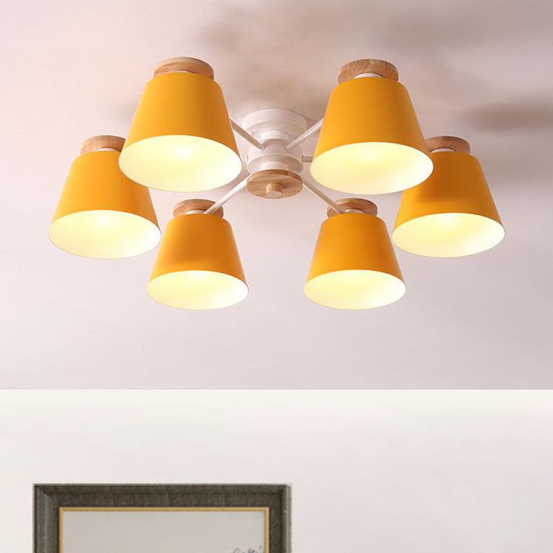 Nordique moderne 6 têtes Flushmount avec de la nuance en métal jaune / bleu baril semi-plafond lampe de plafond