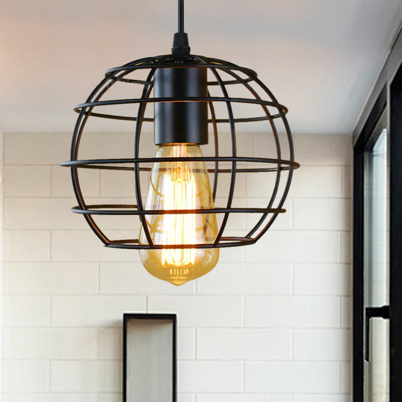 Metal Cage Pendant Light Farmhouse Style 6"/7" Wide 1 Head Balcony Ceiling Fixture with Globe Shade in Black