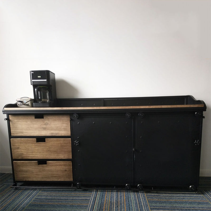 Modern Dining Room Credenza Sliding Doors Metal and Wood Buffet in Black