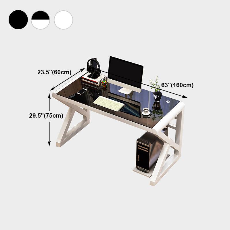 Contemporary Rectangular Computer Desk Toughened Glass Desktop Trestle Base Desk