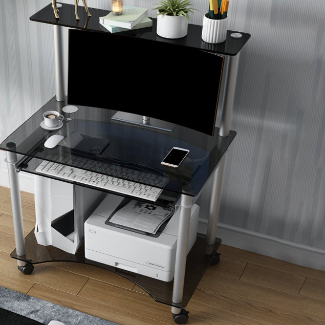 Toughened Glass Rectangular Computer Desk with Caster Wheels and Keyboard Tray