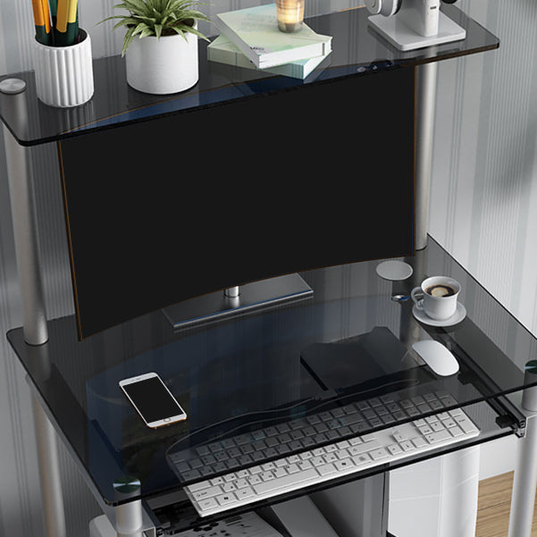 Toughened Glass Rectangular Computer Desk with Caster Wheels and Keyboard Tray