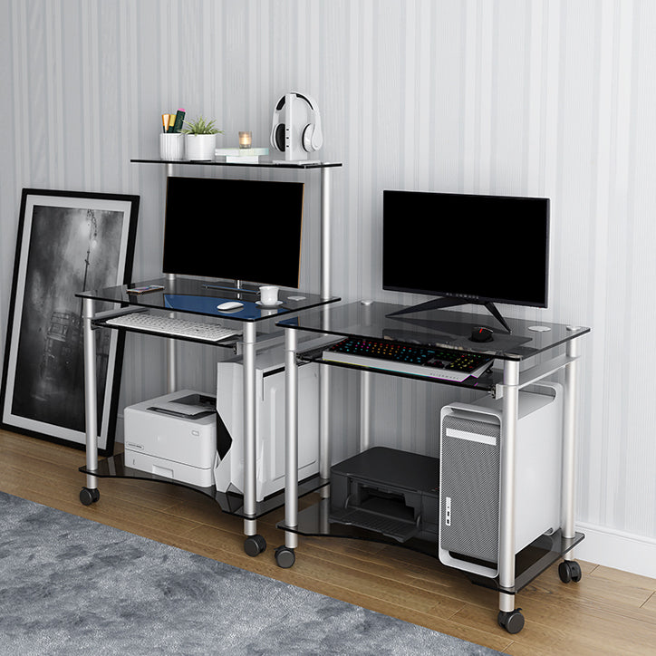 Toughened Glass Rectangular Computer Desk with Caster Wheels and Keyboard Tray