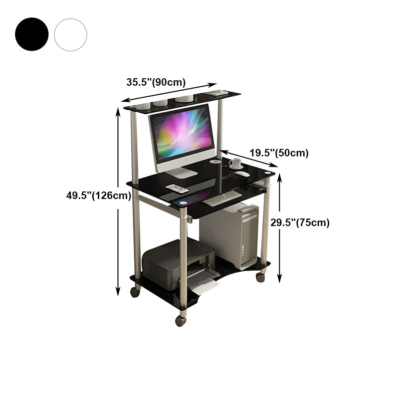 Toughened Glass Rectangular Computer Desk with Caster Wheels and Keyboard Tray