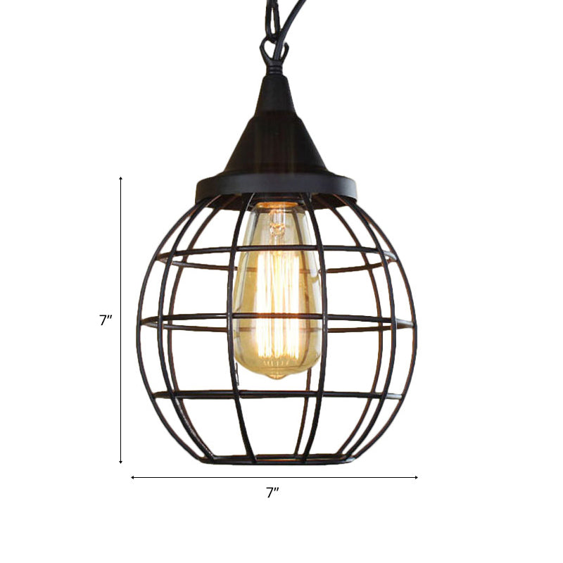 Metal Cage Pendant Light Farmhouse Style 6"/7" Wide 1 Head Balcony Ceiling Fixture with Globe Shade in Black