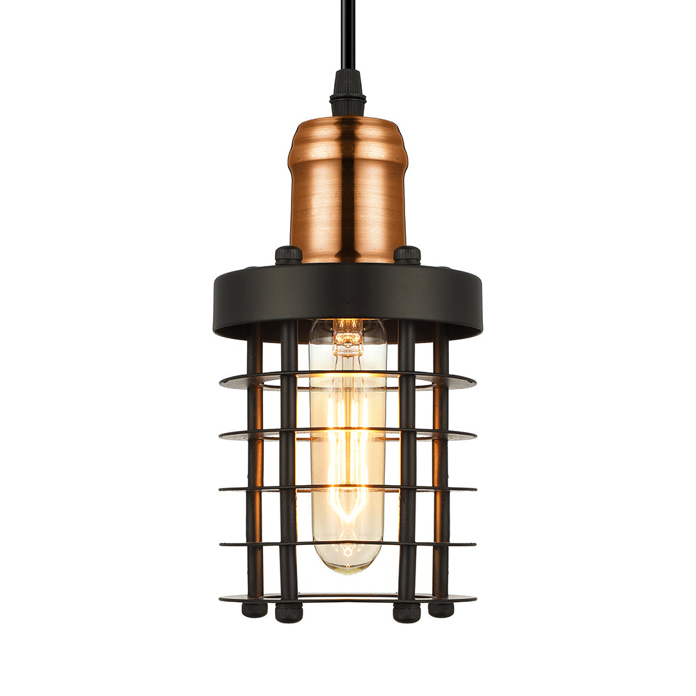 Iron Cylindrical Ceiling Fixture Retro Industrial 1 Head Living Room Hanging Lamp with Wire Cage Shade in Copper/Aged Brass