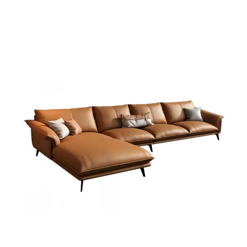 Orange Sponge Padded Leather Sofa with Pillow Back and Flared Armrest Sectional