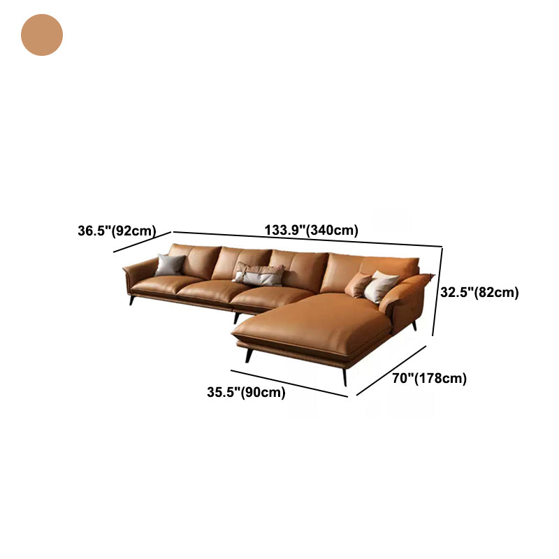 Orange Sponge Padded Leather Sofa with Pillow Back and Flared Armrest Sectional