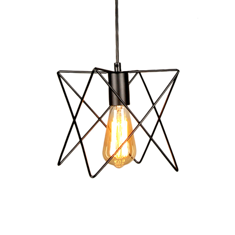 Metal Geometric Ceiling Lighting Industrial 7"/10" W 1 Light Living Room Hanging Lamp with Open Cage Shade in Black