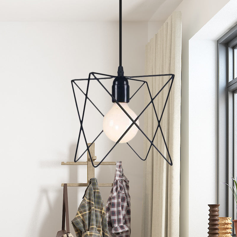 Metal Geometric Ceiling Lighting Industrial 7"/10" W 1 Light Living Room Hanging Lamp with Open Cage Shade in Black