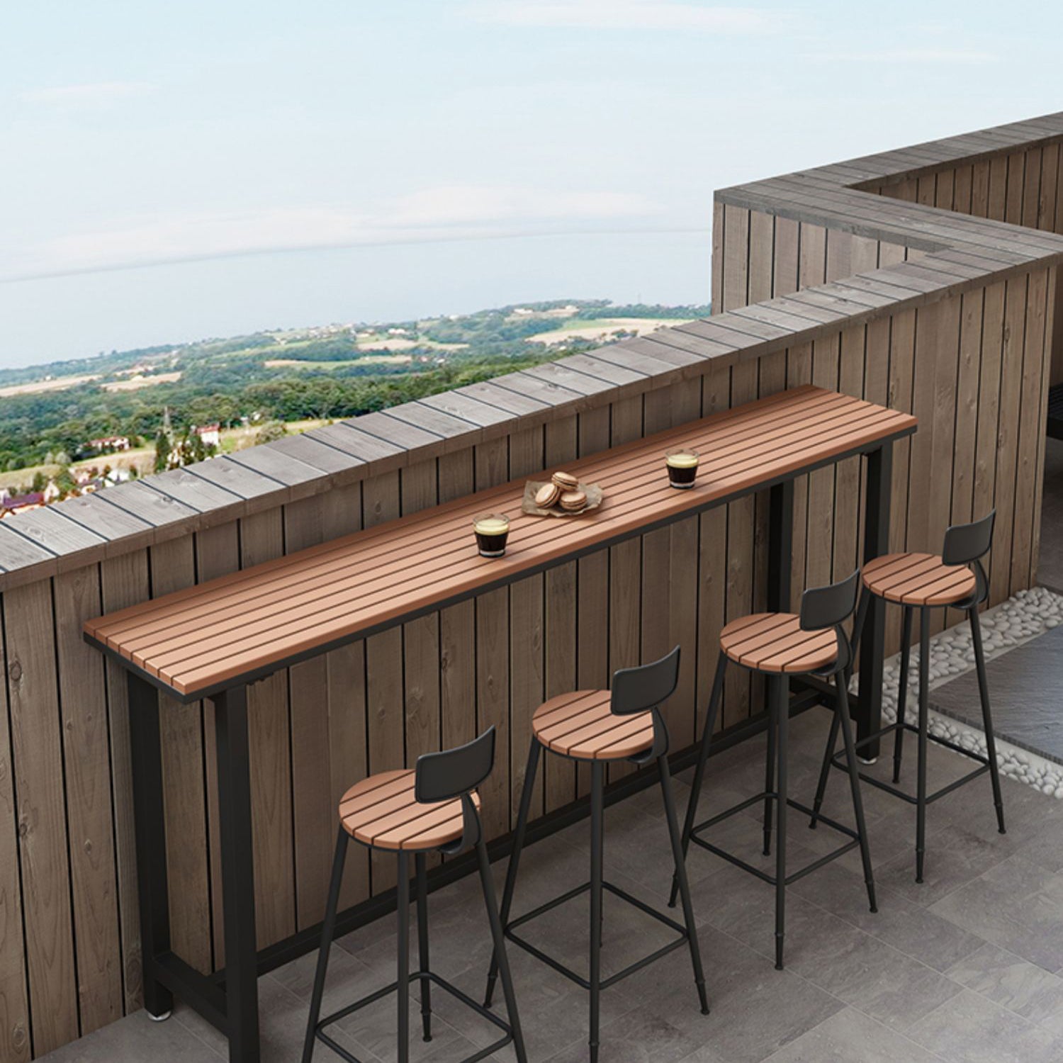 Wood Bar Dining Table Modern Rectangle Bar Table with Trestle Pedestal for Balcony