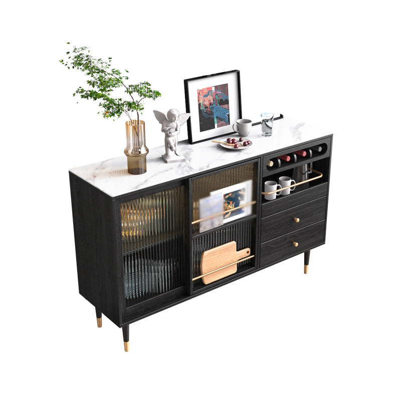 2-Drawer Engineered Wood Sideboard Glam Glass Sliding Doors Credenza with Stone Countertop