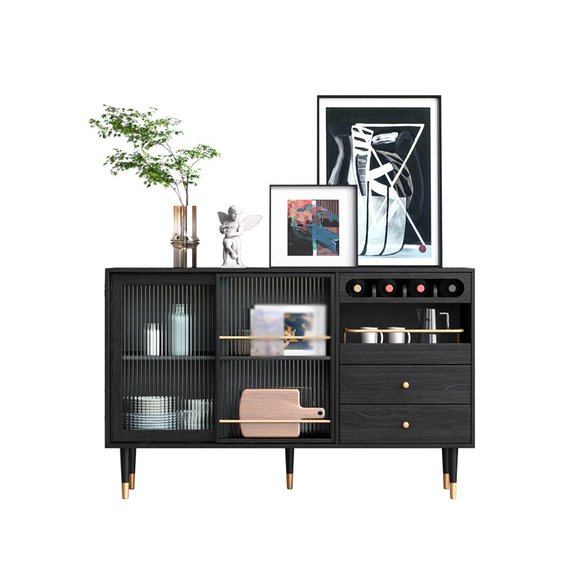 2-Drawer Engineered Wood Sideboard Glam Glass Sliding Doors Credenza with Stone Countertop