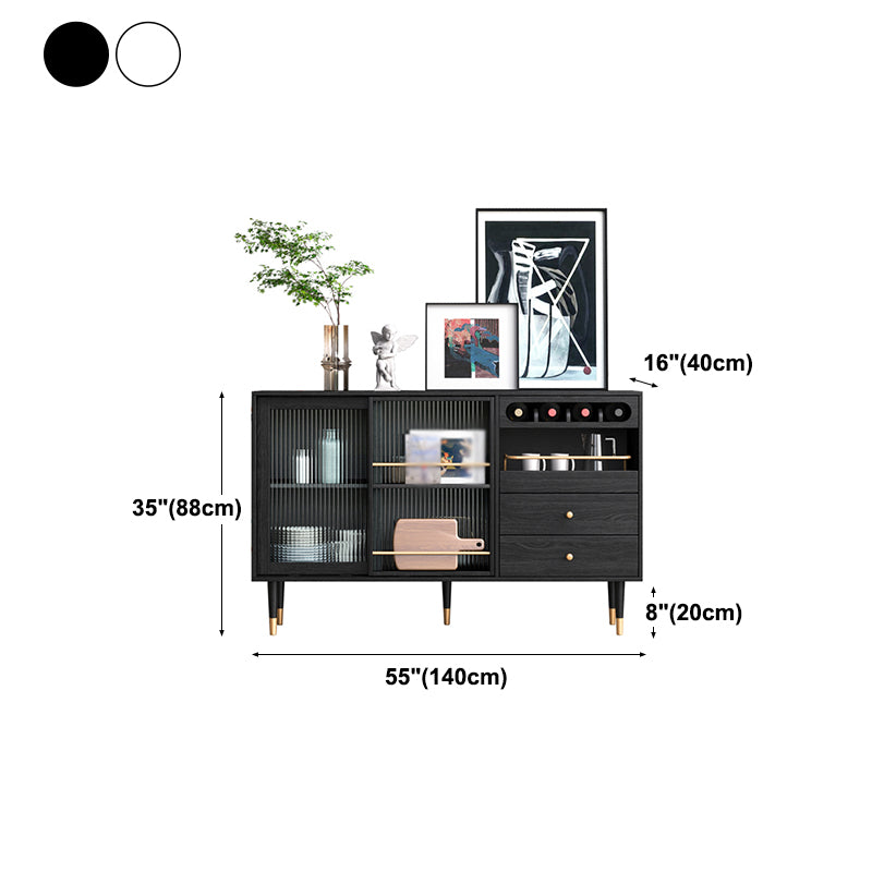 2-Drawer Engineered Wood Sideboard Glam Glass Sliding Doors Credenza with Stone Countertop