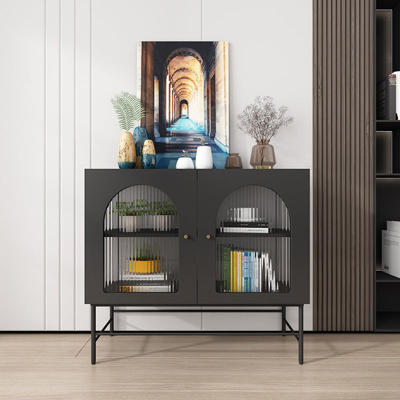 Modern Black Iron Sideboard Glass Doors Cabinets Dining Server for Living Room