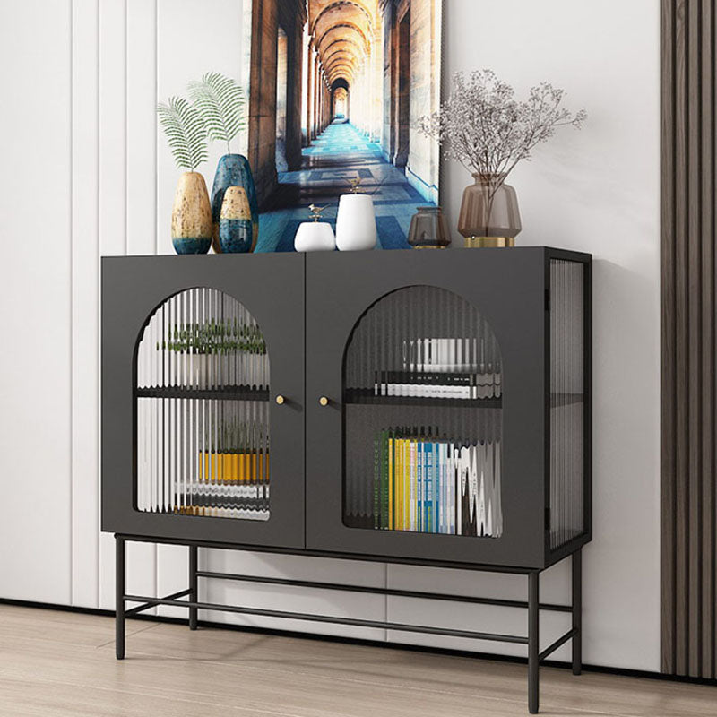 Modern Black Iron Sideboard Glass Doors Cabinets Dining Server for Living Room