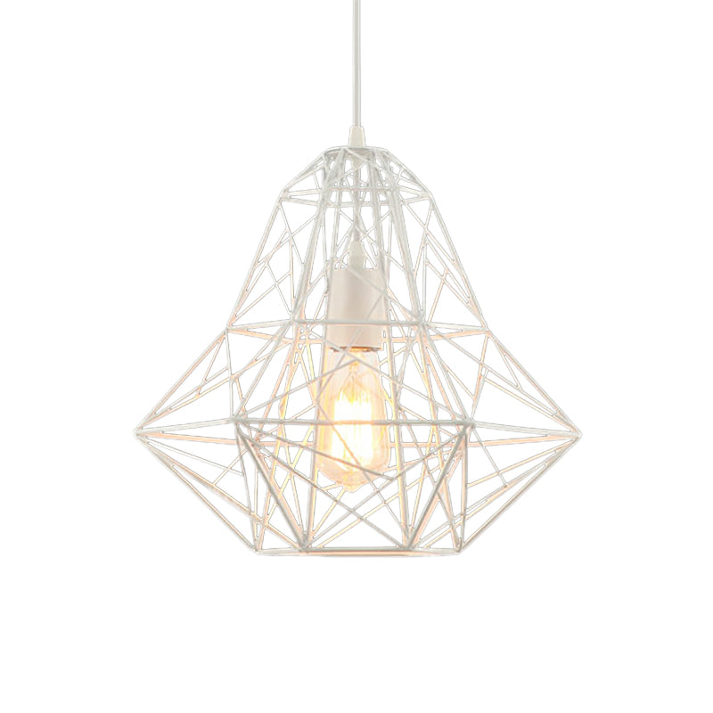 Industrial Cage Diamond Pendant Lighting 1 Head Metallic Hanging Lamp in Black/White for Dining Room, 16"/19.5" Dia