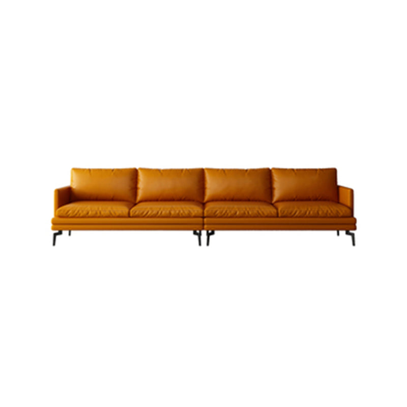 Ornate Leather Upholstery Orange Sofa with Pillow and Square Armrest Back Sectional