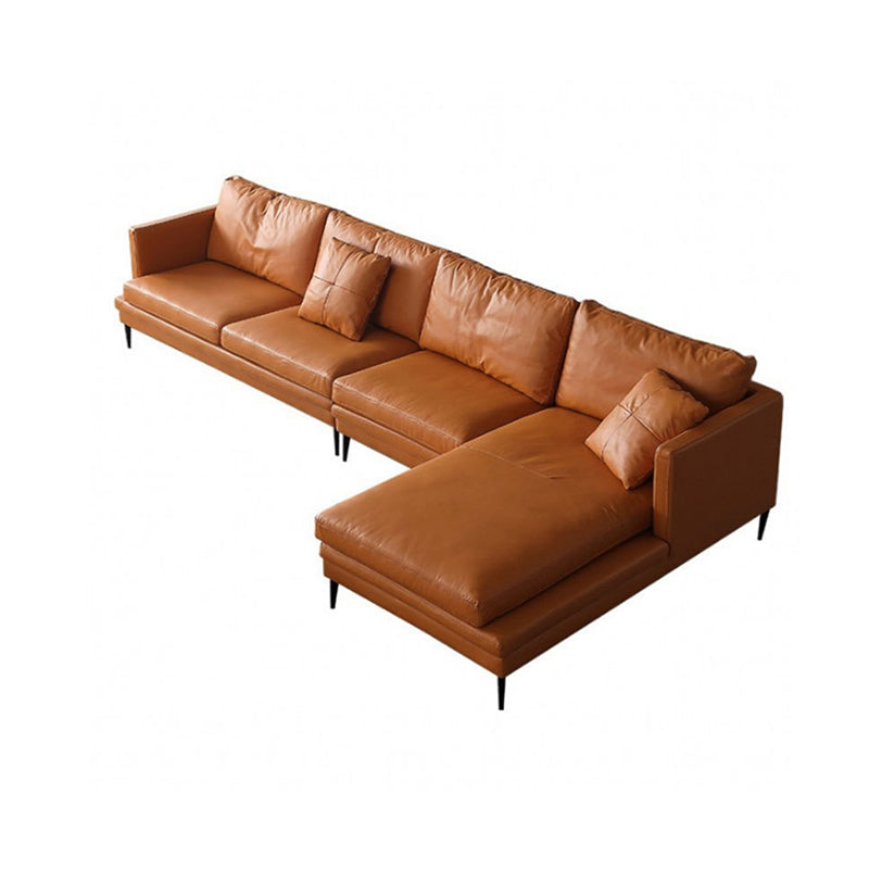 Ornate Leather Upholstery Orange Sofa with Pillow and Square Armrest Back Sectional