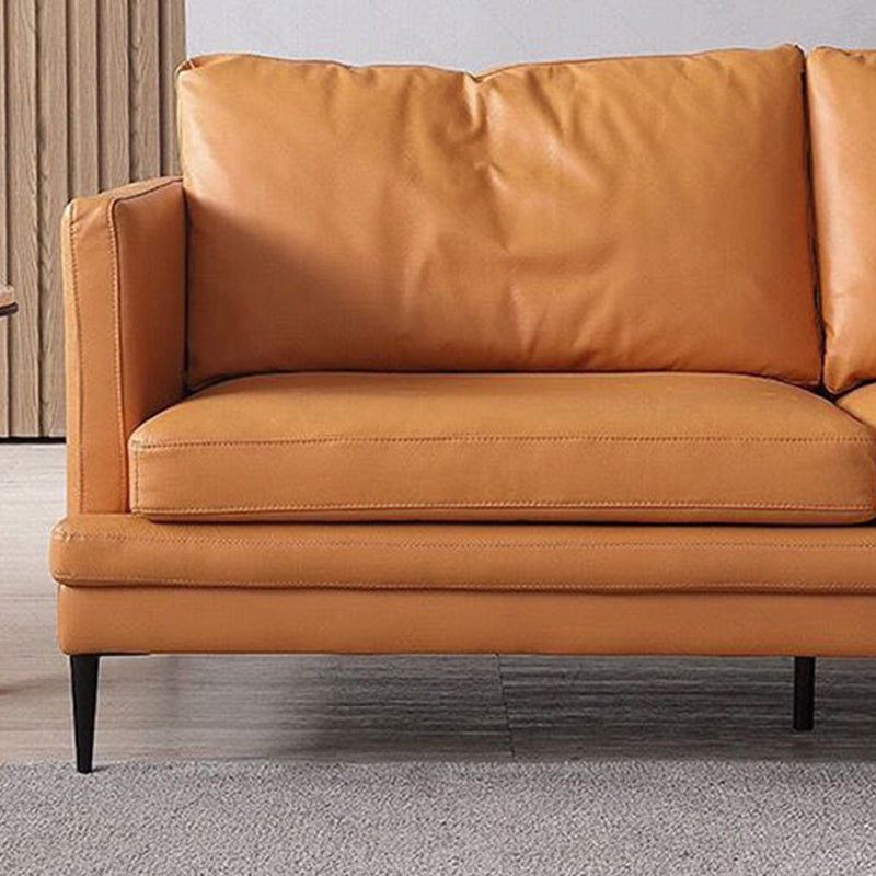 Ornate Leather Upholstery Orange Sofa with Pillow and Square Armrest Back Sectional