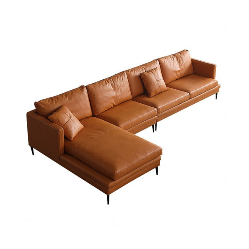 Ornate Leather Upholstery Orange Sofa with Pillow and Square Armrest Back Sectional