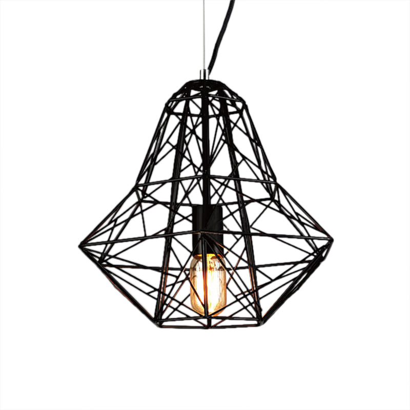 Industrial Cage Diamond Pendant Lighting 1 Head Metallic Hanging Lamp in Black/White for Dining Room, 16"/19.5" Dia