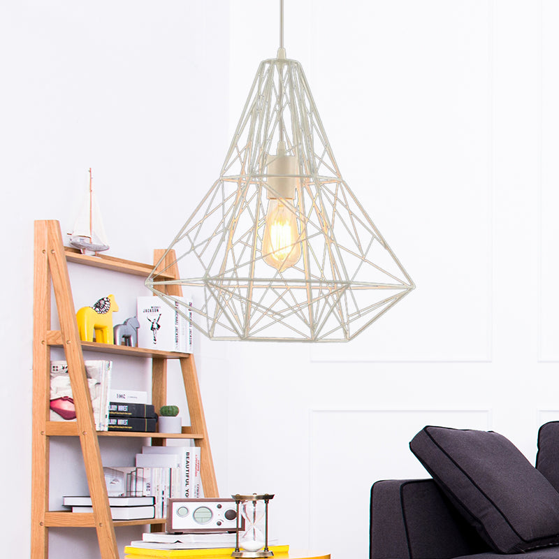 Industrial Cage Diamond Pendant Lighting 1 Head Metallic Hanging Lamp in Black/White for Dining Room, 16"/19.5" Dia