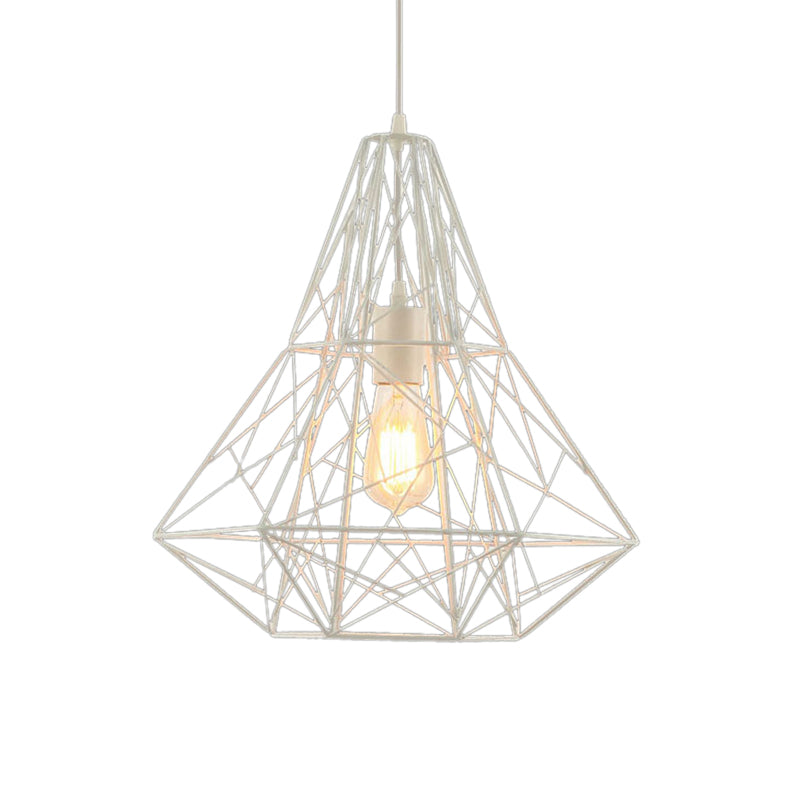 Industrial Cage Diamond Pendant Lighting 1 Head Metallic Hanging Lamp in Black/White for Dining Room, 16"/19.5" Dia