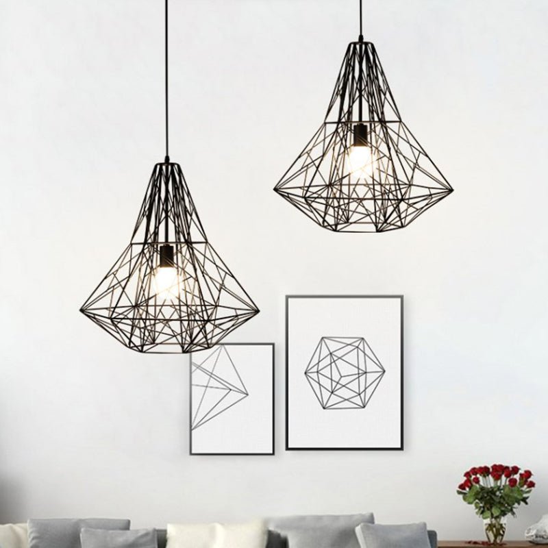 Industrial Cage Diamond Pendant Lighting 1 Head Metallic Hanging Lamp in Black/White for Dining Room, 16"/19.5" Dia