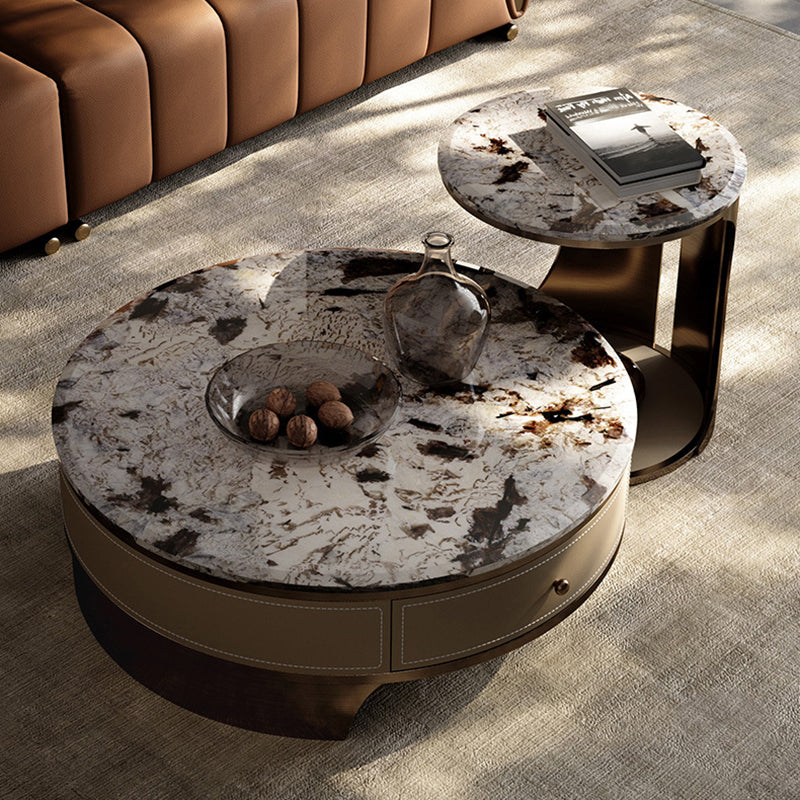 Drum Base Design Marble White/black White Top Metal Base Round Coffee Table