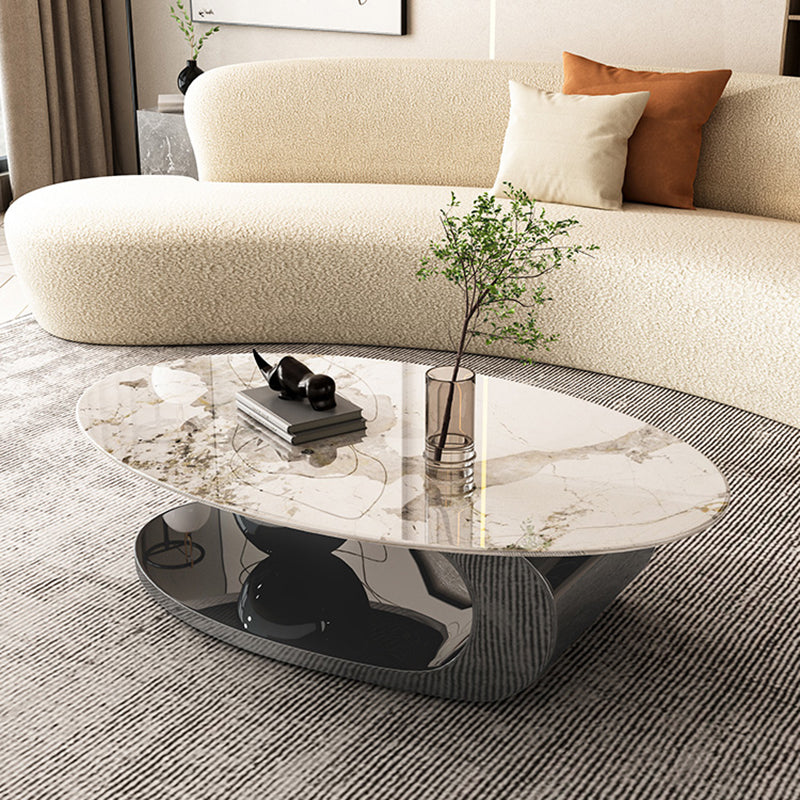 Oval Coffee Table with Stainless Steel Base Made of Rock Sheet