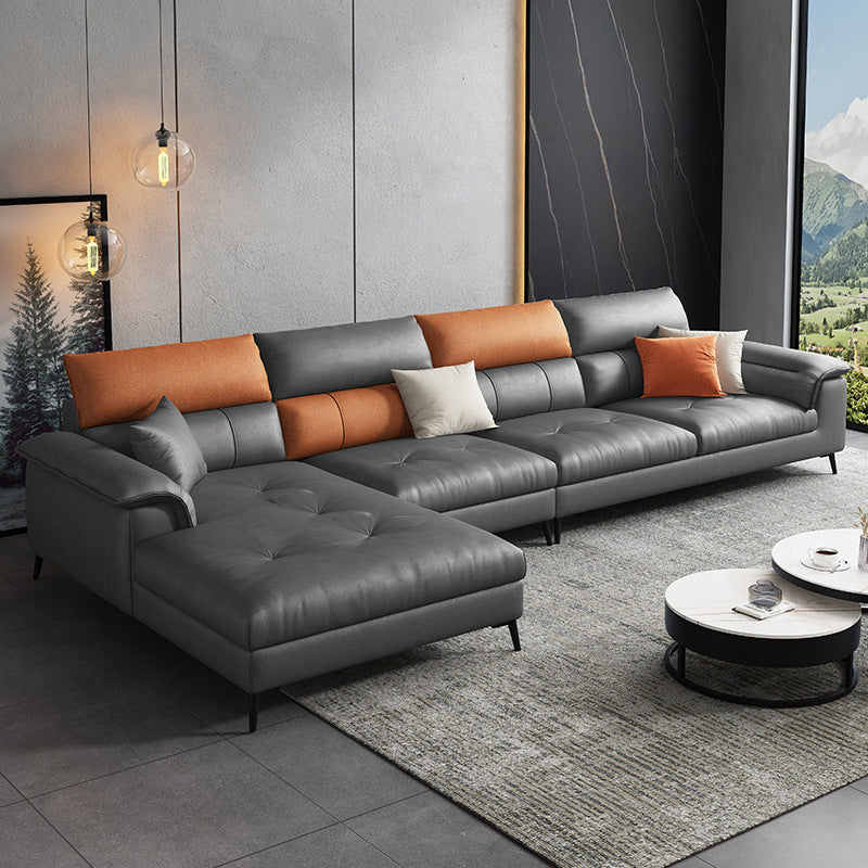 137.8" W x 70.87" D x 35.43" H Faux Leather Sofa & Chaise Modern Sewn Pillow Back Sofa