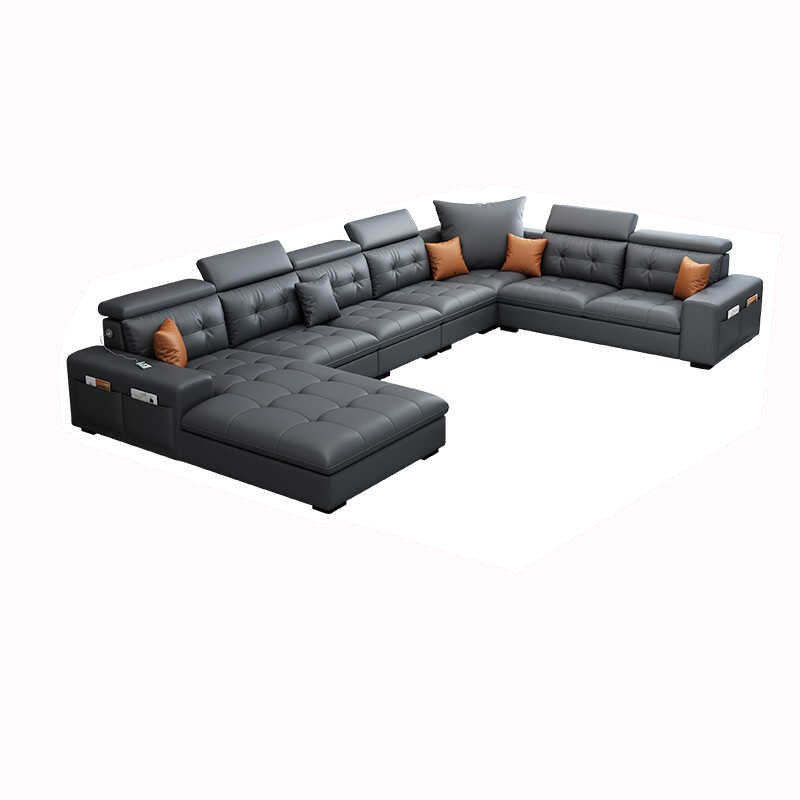 Modern Tufted Sofa & Chaise Recessed Arm Grey Faux Leather Sofa with Storage