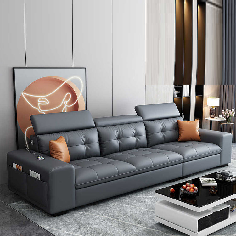 Modern Tufted Sofa & Chaise Recessed Arm Grey Faux Leather Sofa with Storage