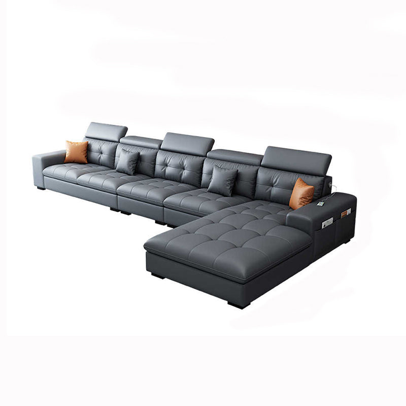 Modern Tufted Sofa & Chaise Recessed Arm Grey Faux Leather Sofa with Storage