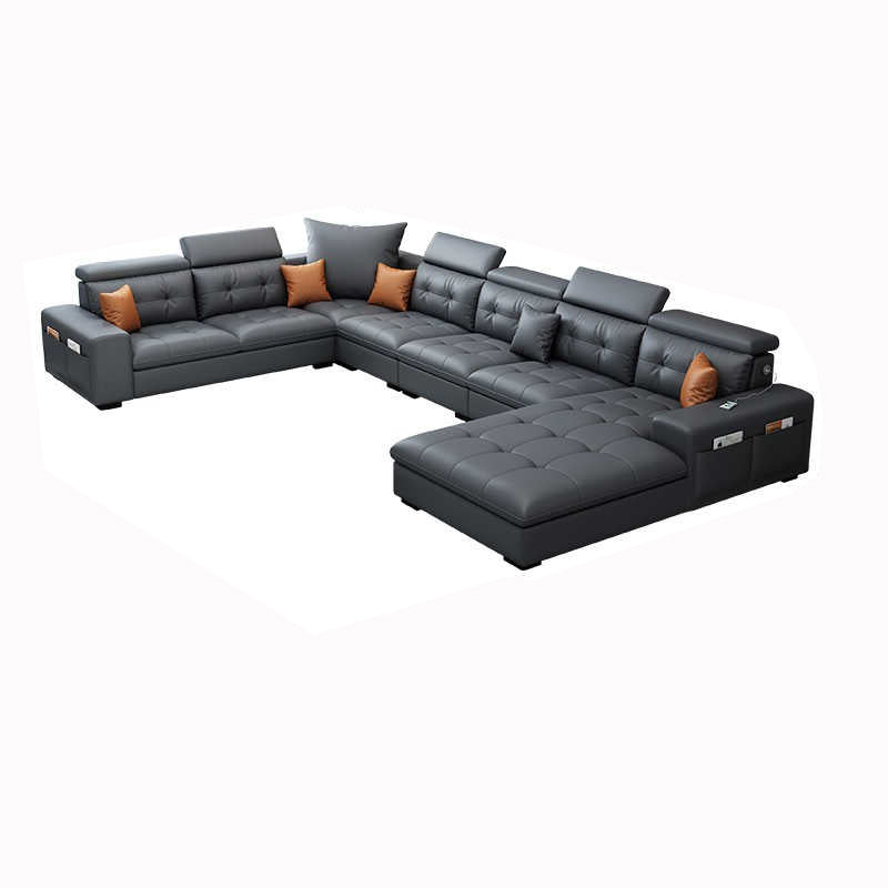 Modern Tufted Sofa & Chaise Recessed Arm Grey Faux Leather Sofa with Storage