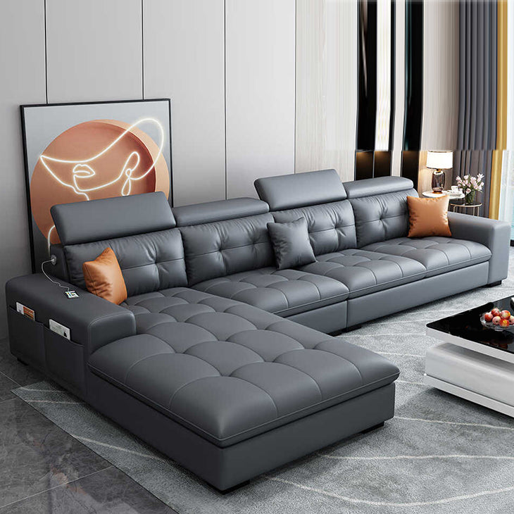 Modern Tufted Sofa & Chaise Recessed Arm Grey Faux Leather Sofa with Storage