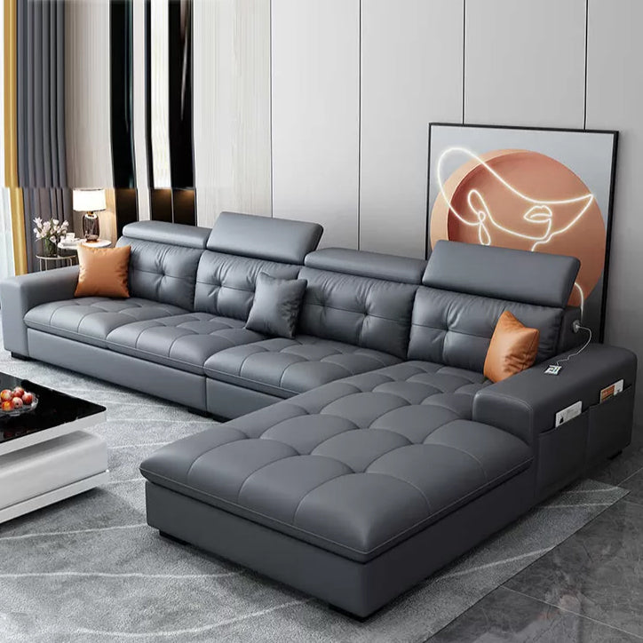 Modern Tufted Sofa & Chaise Recessed Arm Grey Faux Leather Sofa with Storage