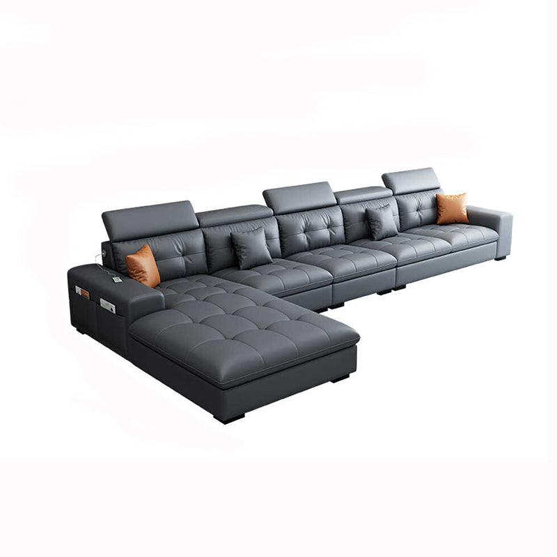 Modern Tufted Sofa & Chaise Recessed Arm Grey Faux Leather Sofa with Storage