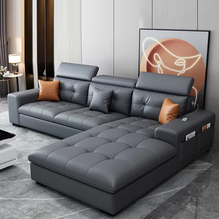 Modern Tufted Sofa & Chaise Recessed Arm Grey Faux Leather Sofa with Storage