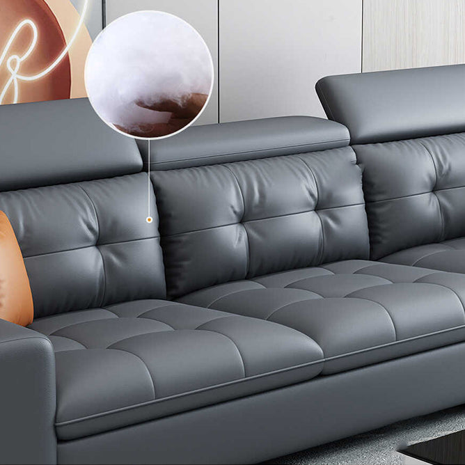 Modern Tufted Sofa & Chaise Recessed Arm Grey Faux Leather Sofa with Storage