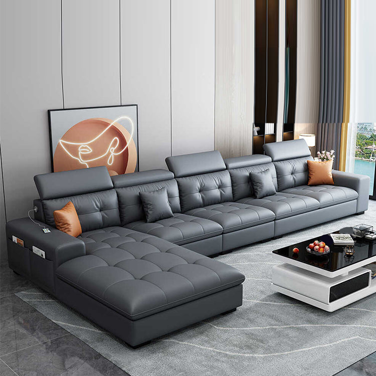 Modern Tufted Sofa & Chaise Recessed Arm Grey Faux Leather Sofa with Storage