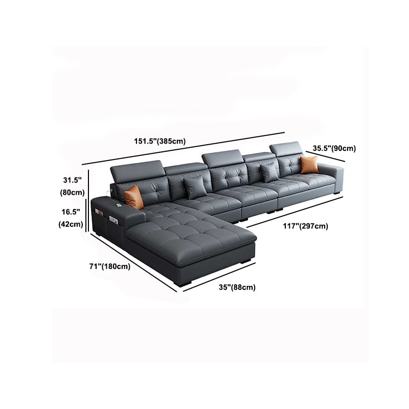 Modern Tufted Sofa & Chaise Recessed Arm Grey Faux Leather Sofa with Storage