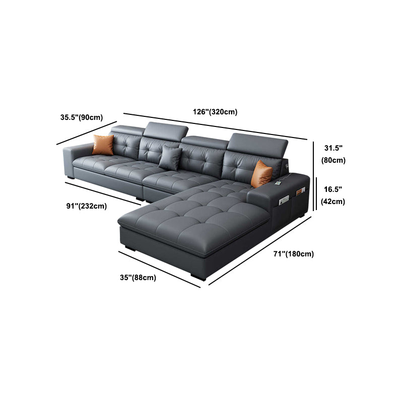 Modern Tufted Sofa & Chaise Recessed Arm Grey Faux Leather Sofa with Storage