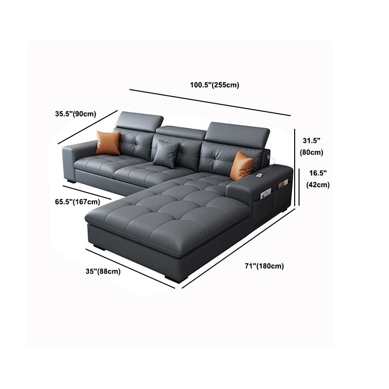 Modern Tufted Sofa & Chaise Recessed Arm Grey Faux Leather Sofa with Storage