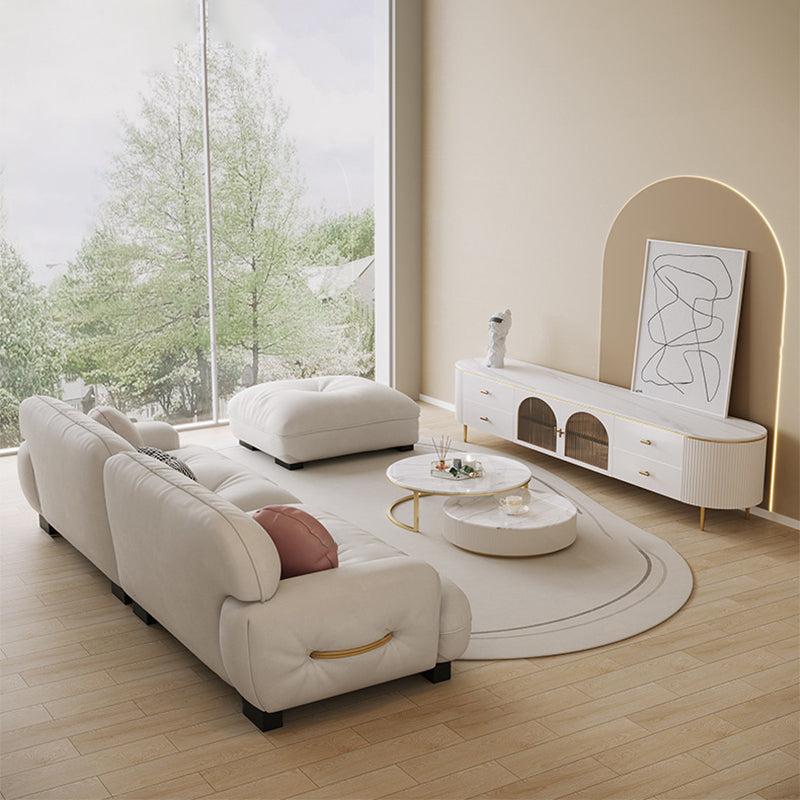 White Sofa with Built-in Armrest and Tufted Back Leather/techno Fabric Sectional