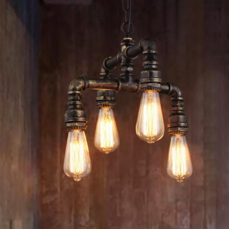 4 Lights 2-Layer Water Pipe Pendant Industrial Rust Metal Hanging Chandelier for Restaurant