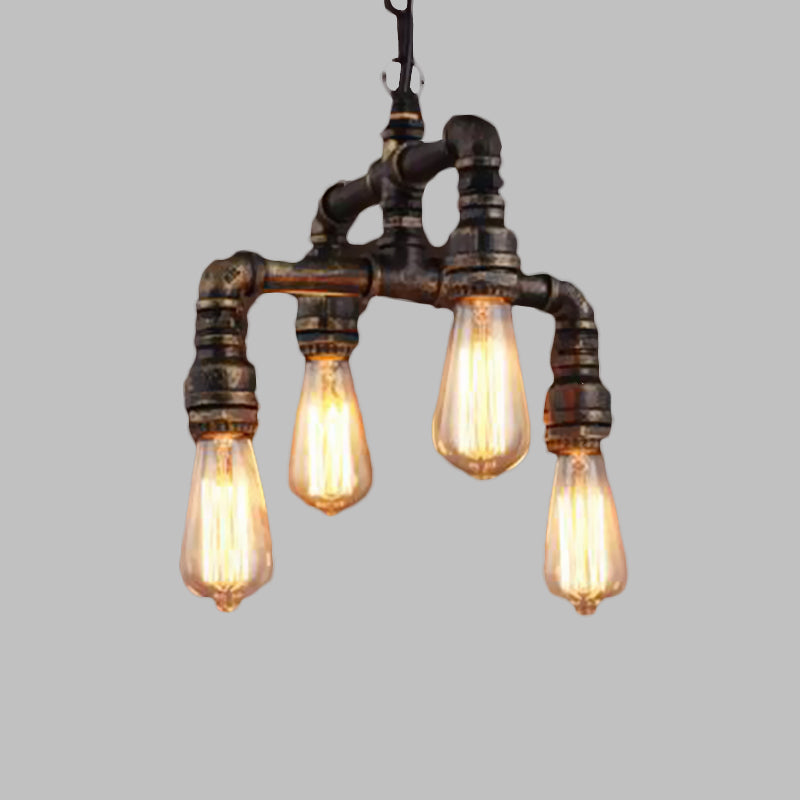 4 Lights 2-Layer Water Pipe Pendant Industrial Rust Metal Hanging Chandelier for Restaurant